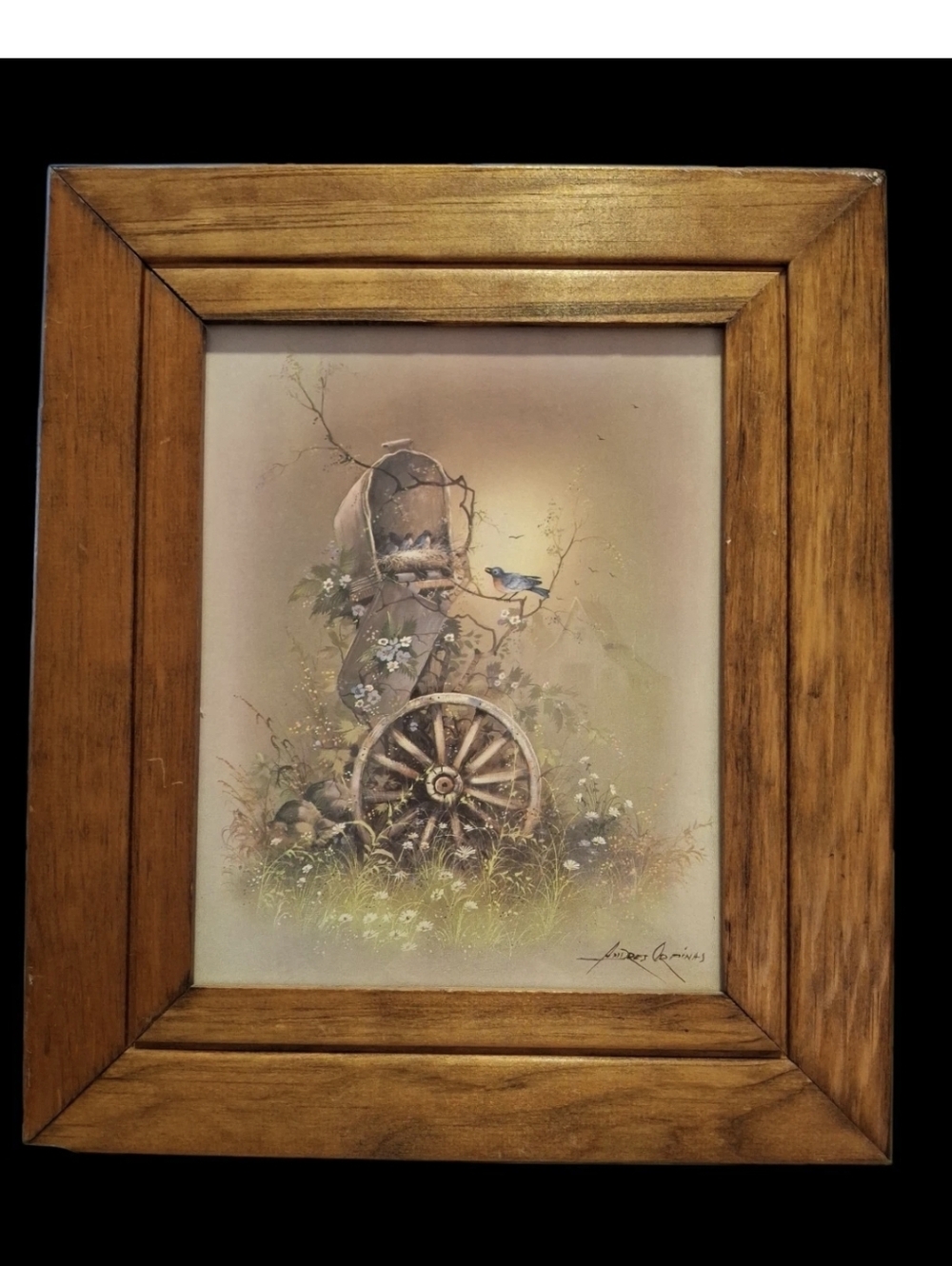 Medium Sized Framed Art Print With Birds Wagon Wheel Nature Portrait